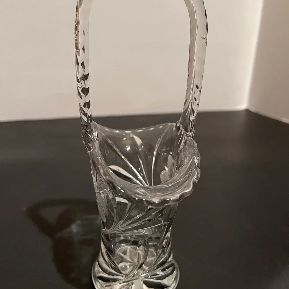 Vintage Petite Etched Glass Basket with Handle